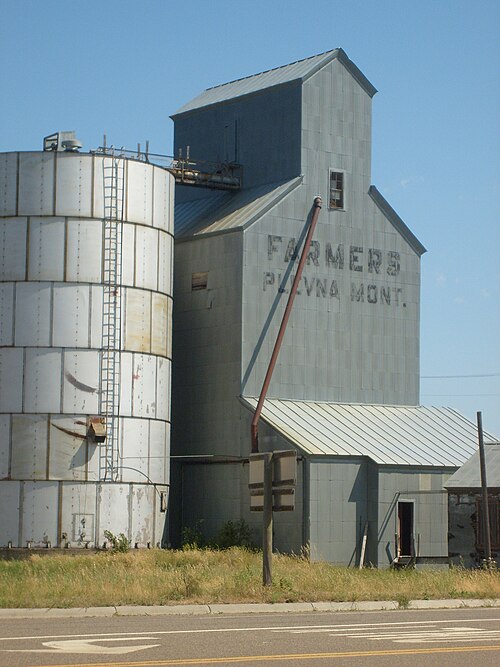 Зърнохранилище с надпис FARMERS / PLEVNA MONT. в Монтана.