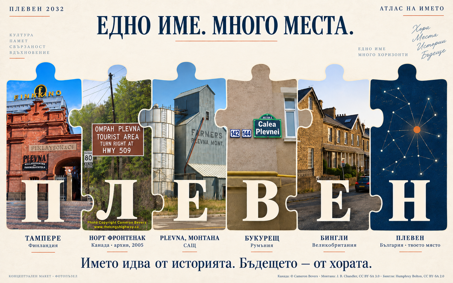 Художествен пъзел ПЛЕВЕН с Тампере, Норт Фронтенак, Монтана, Индиана, Букурещ, Бингли и Плевен.